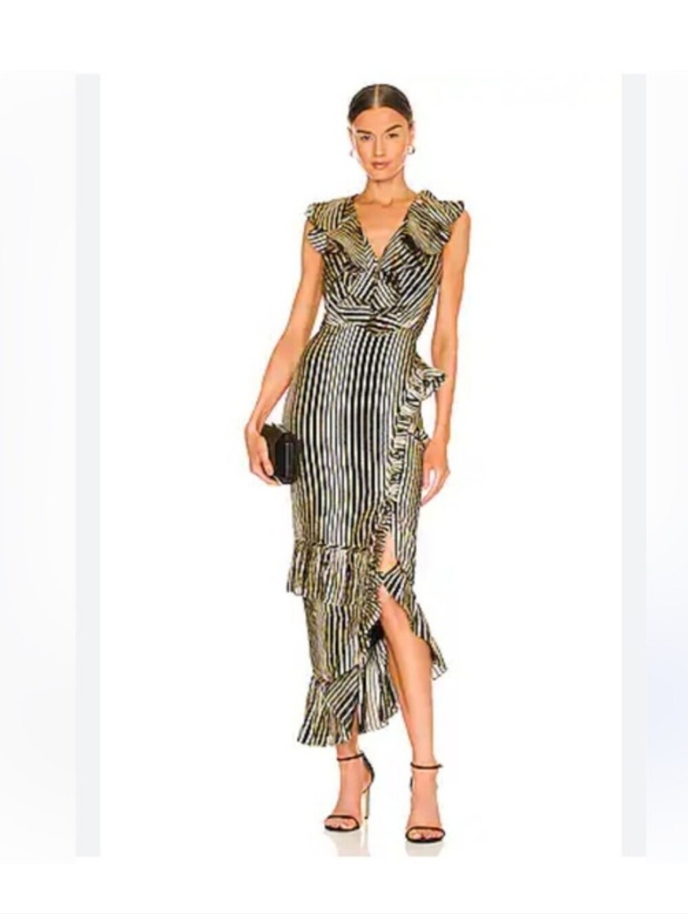 SALONI Anita Silk Blend Black Gold Vertical Stripe Ruffled Sleeveless Dress Sz 4